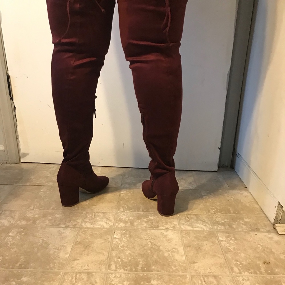 Burgundy thigh high velvet boots